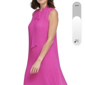 DKNY Pleated Tie-Neck Sleeveless Mini Shift Dress – Berry/Pink – Size 10